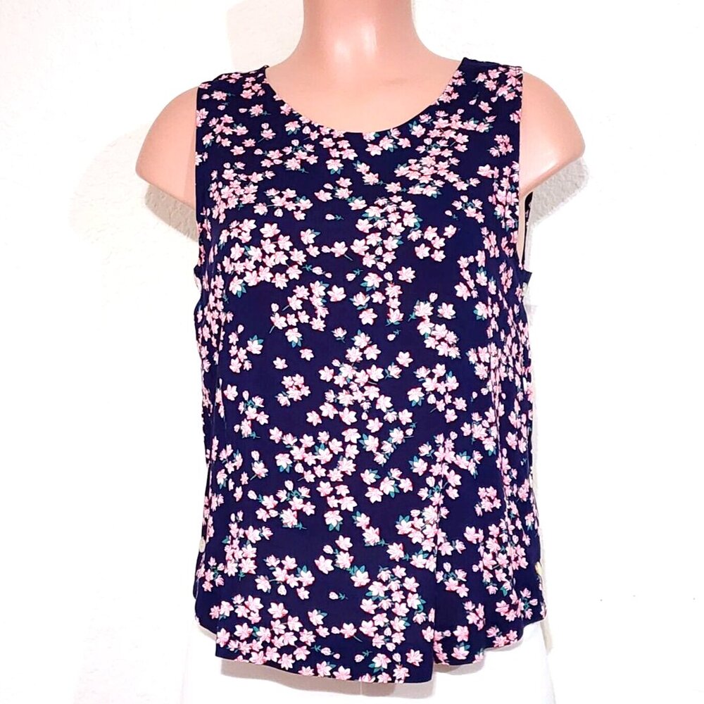 Draper James RSVP Silky Side Buttons Top Floral Sleeveless Navy Pink
